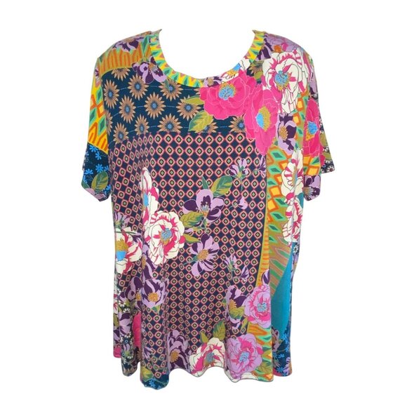 Johnny Was Maggie Crewneck Swing T-Shirt Multicolor Floral Patchwork Print XL - Picture 2 of 9